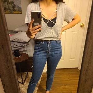 F21 grey criss cross strappy tunic tee shi…